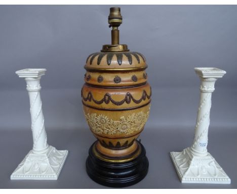A Doulton stoneware oil lamp base (converted) decorated with foliate bands against a buff coloured ground (32cm high);  and a