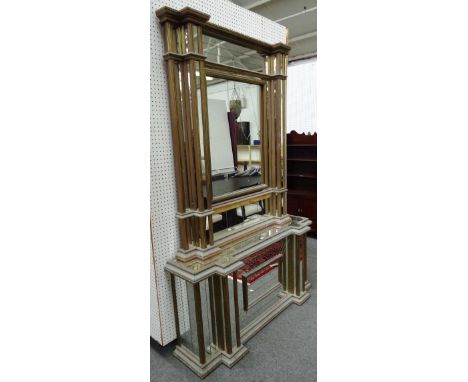 A mid-20th century gilt framed mirror veneered console table, with mirror en suite, 150cm wide x 231cm high x 41cm deep.