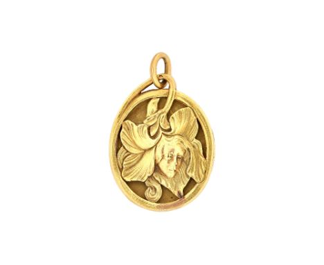 A French gold oval Art Nouveau pendant locket, the front decorated with the portrait of a girl within a pierced foliate spray