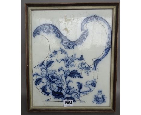 An unusual Cauldon pottery double-sided sample tile, early 20th century, one side depicting a jug printed in blue with the `C