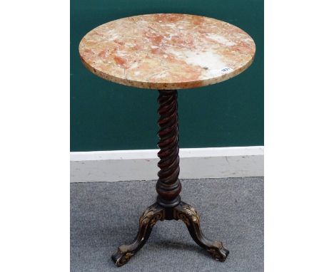 A Victorian occasional table, the associated circular marble top on a parcel gilt mahogany spiral fluted column and tripod ba