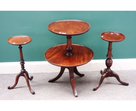 A George III mahogany graduated circular two tier dumb waiter on tripod base, 50cm diameter x 65cm high, together with two 18