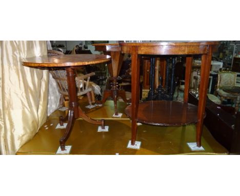 A satinwood banded mahogany oval occasional table, 67cm wide, a mahogany tripod table 61cm diameter and an 18th century style