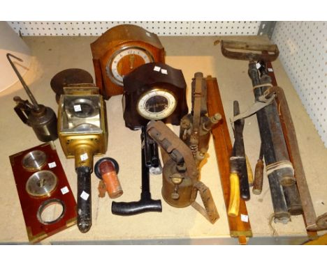 Collectables, including; lanterns, blow lamps, mantel clock, slide rules, barometer and sundry, (qty).   S4B