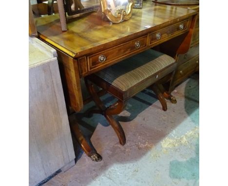 A 20th century yew wood sofa table on large supports, 95cm wide x 74cm high, another similar 89cm wide x 74cm high and associ