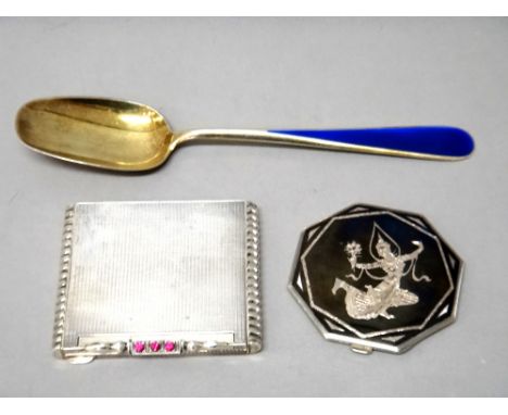 Foreign wares, comprising; a lady's red gem set Art Deco powder compact, with engine turned decoration, detailed Sterling Ita