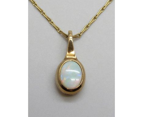 A 9ct gold and opal pendant and chain, 3.9g, chain 50cm, boxed