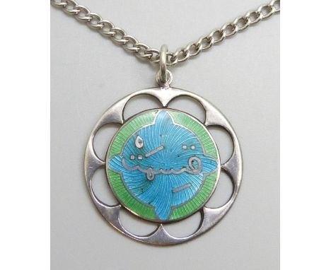 A silver and enamel pendant signed Quesmat in Arabic, Birmingham 1911, on a silver chain
