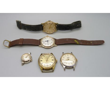 A rare Smiths Astrolon Agon gold plated manual wind wristwatch head, together with four others