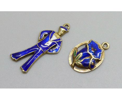 A hallmarked 9ct gold and enamel sailor charm and one other enamelled charm, sailor 1g and enamel a/f