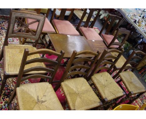 Two Regency mahogany dining chairs, cane work to back and seat; four oak ladder back rush seated dining chairs, bobbin turned