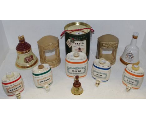 Bells Old Scotch Whisky Christmas 1991 &amp; 1996 bells, full; Wade barrel decanters; etc.