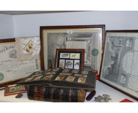 Boxes and objects - Scottish Free Masonry certificates; early 20th cigarette cards; RAF handkerchief; trench art lighter; etc