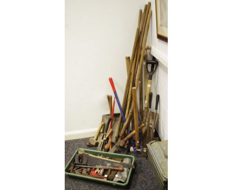 Tools - folding metal tool box; rakes; hedge loppers; etc qty