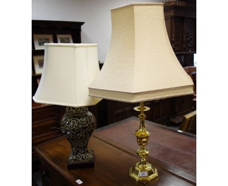 A brass table lamp; another, ceramic. (2)