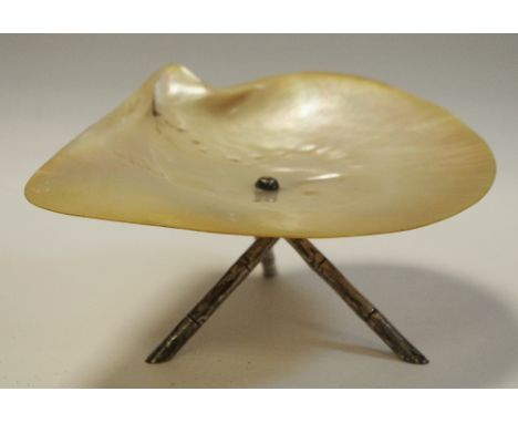 A Chinese silver and mother of pearl dish, faux bamboo base, Kwan Hing, Hong Kong, c.1900