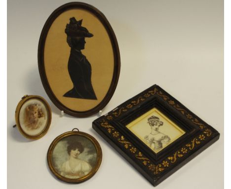 English School (early 20th century), portrait of a lady wearing a hat, watercolour, oval; other miniature pictures (4)