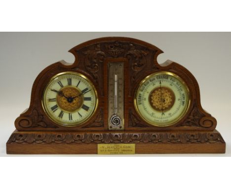A late Victorian oak combination clock, barometer and thermometer, c.1895