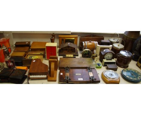 Boxes and objects - an oak desk calendar; oak biscuit barrels; musical jewellery boxes; book ends; barometer; tie press; a Ge