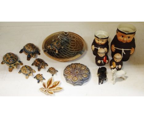A Goebel Monk condiment set; two monk jugs; a graduated set of Wade Whimsies tortoises; etc.