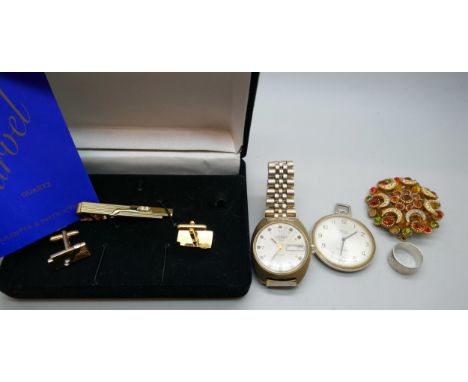 A silver ring, M/N, a sphinx brooch (lacking stones), a costume cufflink set with tie clip, Sekonda wristwatch, etc.