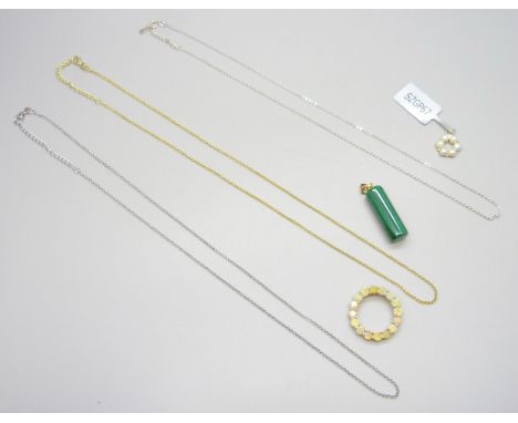 Three sterling silver pendants and chains set with Ethiopian opals, malachite and pearls