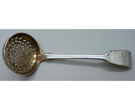 A Victorian silver sifter spoon with fox crest, London, 1838, 52g
