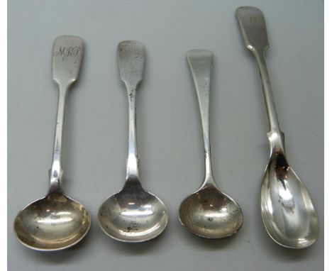 A George III salt spoon, London, 1807, and another silver spoon, Edinburgh, 1884, 22g total, and two plated spoons