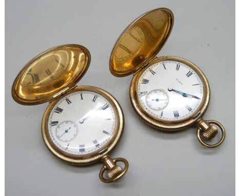 Two American gold plated Elgin full hunter pocket watches, top wind with subsidiary second hands