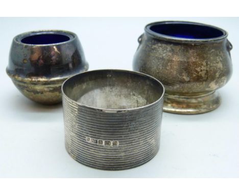 A silver salt pot, a smaller EPNS salt pot, and a silver napkin ring, silver weight 54g