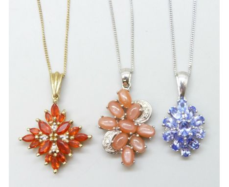 Three sterling silver pendant and chains, set with Sri Lankan pink moonstone with white topaz, fire opal 1.14ct on 18 inch ch