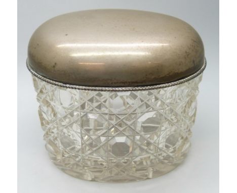 A cut glass pot with a silver lid, a/f split at hinge