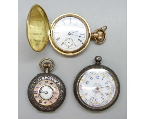A .935 silver enamelled half hunter fob watch, an open face silver fob watch a/f, and a lady's Waltham full hunter gold plate