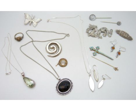 A collection of silver, white metal and other jewellery including a 19th century gilt brooch, a large white metal brooch in t