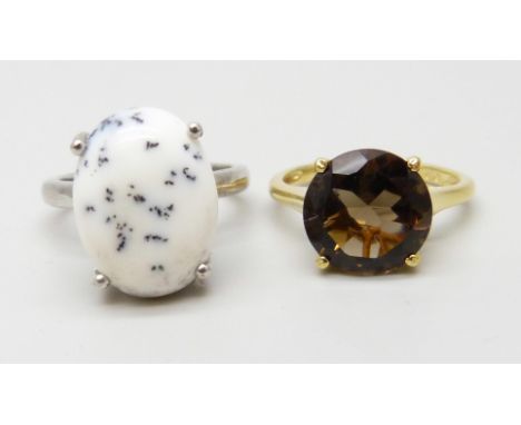 Two sterling silver rings, one set with a 6.00ct dendritic opal, O, and one Brazilian smoky quartz 4.00ct, O