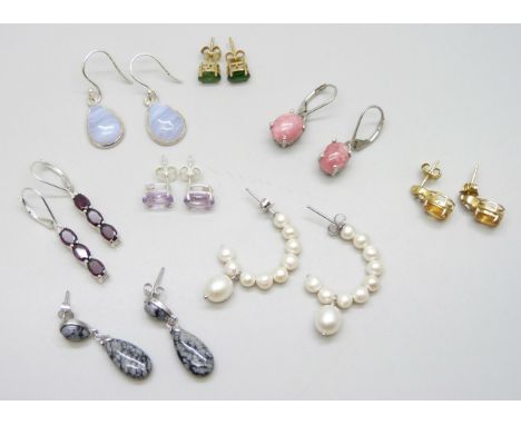 Eight pairs of silver and precious stone earrings set with pearls, 3.15ct oval amethyst, 1.65ct Russian diopside, 10.24ct blu
