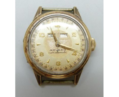 A 1950s Movado Calendomatic two tone day/date automatic bumper movement wristwatch head, 33mm including crown