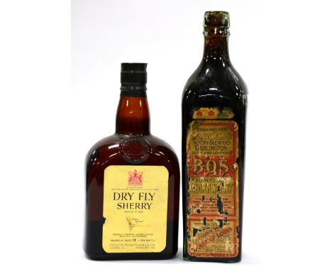 BOS Blended Old Scotch Whisky, presumed 19th century, T Pease Son & Co Darlington, Leith & Scotland; Dry Fly Sherry (two bott