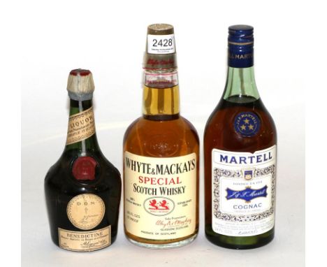 Whyte & Mackays Special Scotch Whisky, 26 fl ozs, 70 proof; Martell Three Star, 24 fl ozs, 70 proof; DOM Benedictine (three b