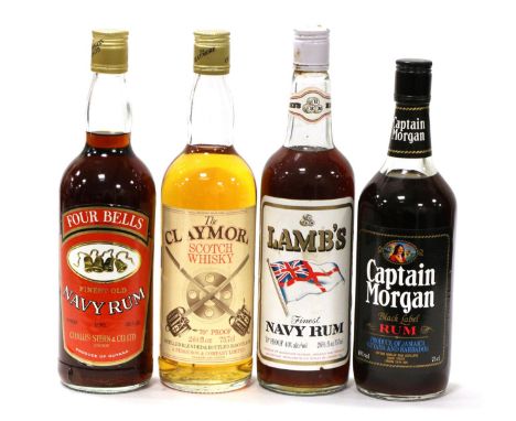 Four Bells Navy Rum, 26 2/3fl ozs; Captain Morgan Black Label, 75cl, 40%; Lambs Navy Rum, 26 2/3fl ozs, 70 proof; The Claymor