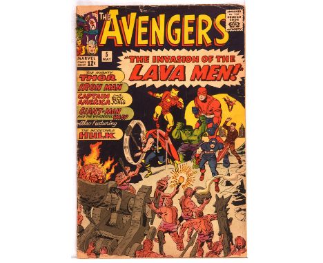 The Avengers No. 5  classic Jack Kirby battle cover versus the Lava Men (Marvel Comics, 1963).Featuring a classic Jack Kirby 