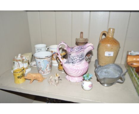 A stoneware bottle; a Victorian enamel beaker; a Victorian lustre decorated jug depicting snipe shooting; and various other c