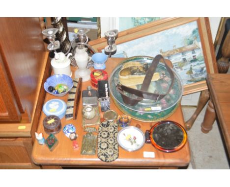 A silver plated three branch candelabra; various small china items; a hip flask; trays etc.