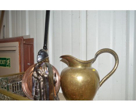 A Victorian copper warming pan; a companion set in the form of a knight and a large brass pitcher