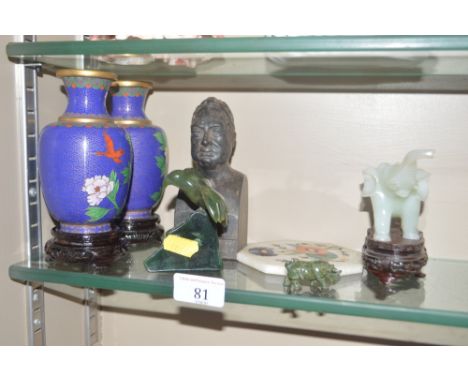 A pair of cloisonné vases on stands; a jade elephant; a small Pietra Dura plaque; a cast metal bust of William IV etc.