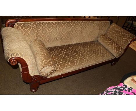 Victorian mahogany framed scroll end sofa upholstered in floral cut velvet, 220cm wide