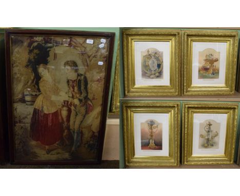 Four gilt framed chromolithographs c.1860 depicting enamel ware, chandeliers and plate ware, and a 19th century woolwork stud