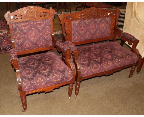 A late 19th century American walnut open armchair and a two-seater settee, of Arts and Crafts influence (2)  From US family