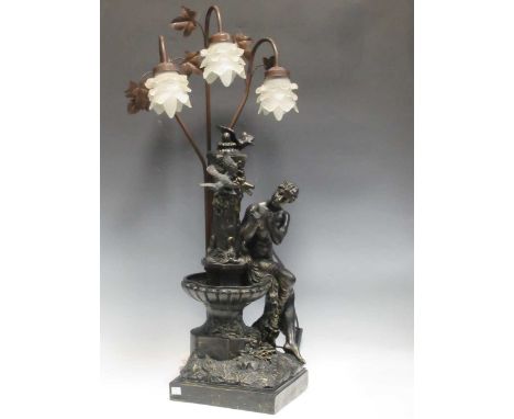 A modern spelter figural table lamp of a classical maiden bathing in a fountain, with floral glazed lamp shades