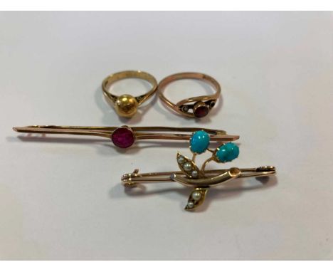 A hallmarked 9ct gold synthetic ruby brooch, a turquoise and split pearl brooch tested as 9ct gold, a hallmarked 9ct gold pla